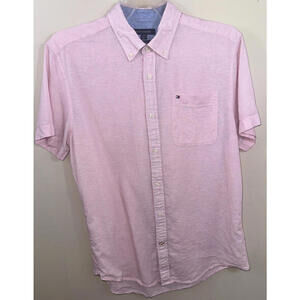 Tommy Hilfiger Shirt Mens Large Pink Linen Cotton Custom Fit Coupe Sur Mesure